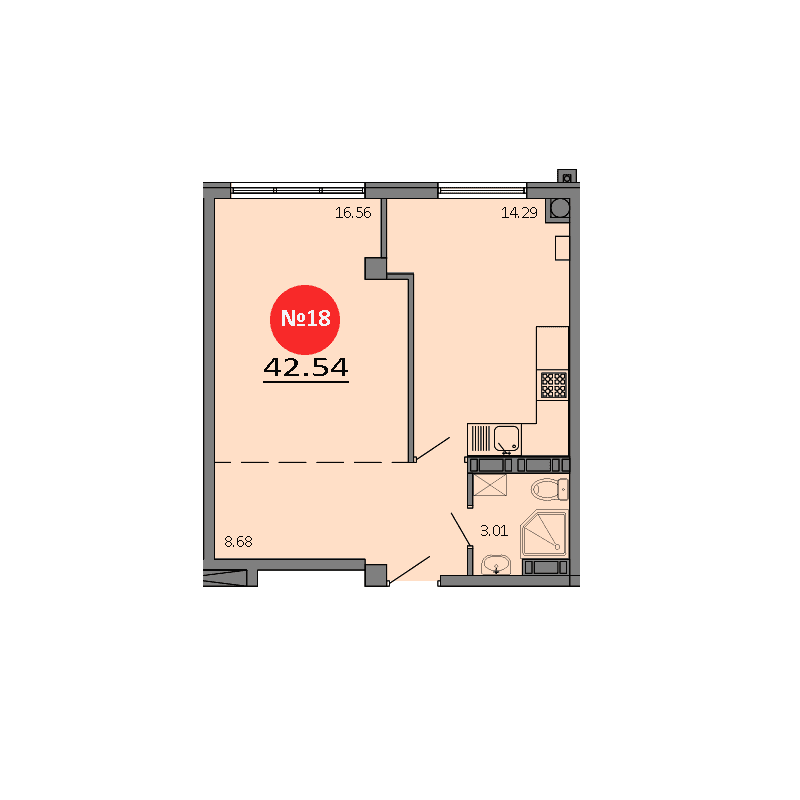 1-к, 42.54 м² · Зелёный квартал