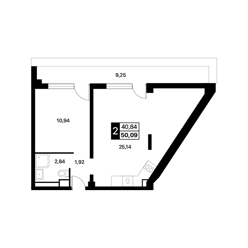 2-к, 50.09 м² · Лайнер