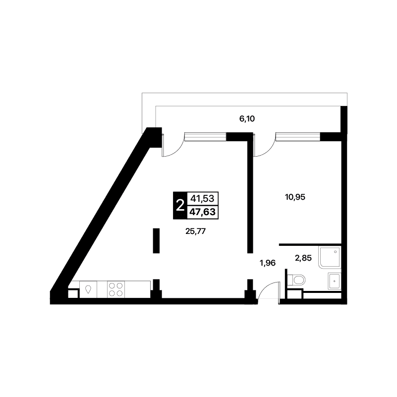 2-к, 47.63 м² · Лайнер