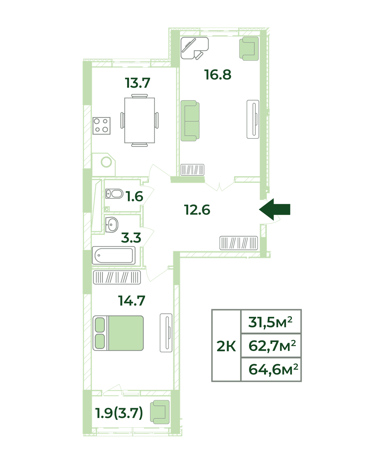 2-к, 64.6 м² · Жигулина Роща