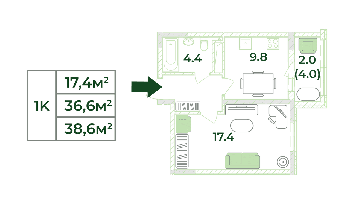 1-к, 38.6 м² · Жигулина роща