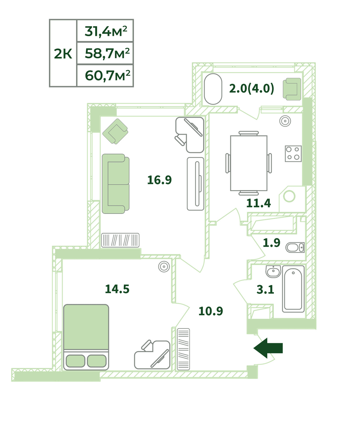 2-к, 60.7 м² · Жигулина Роща