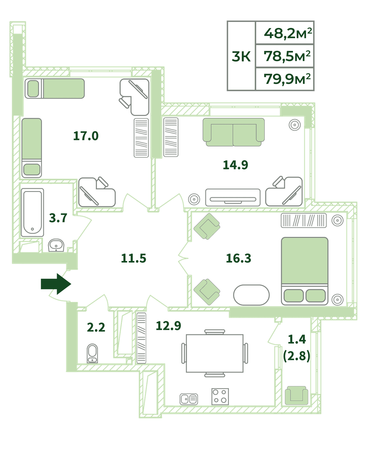 3-к, 79.9 м² · Жигулина Роща
