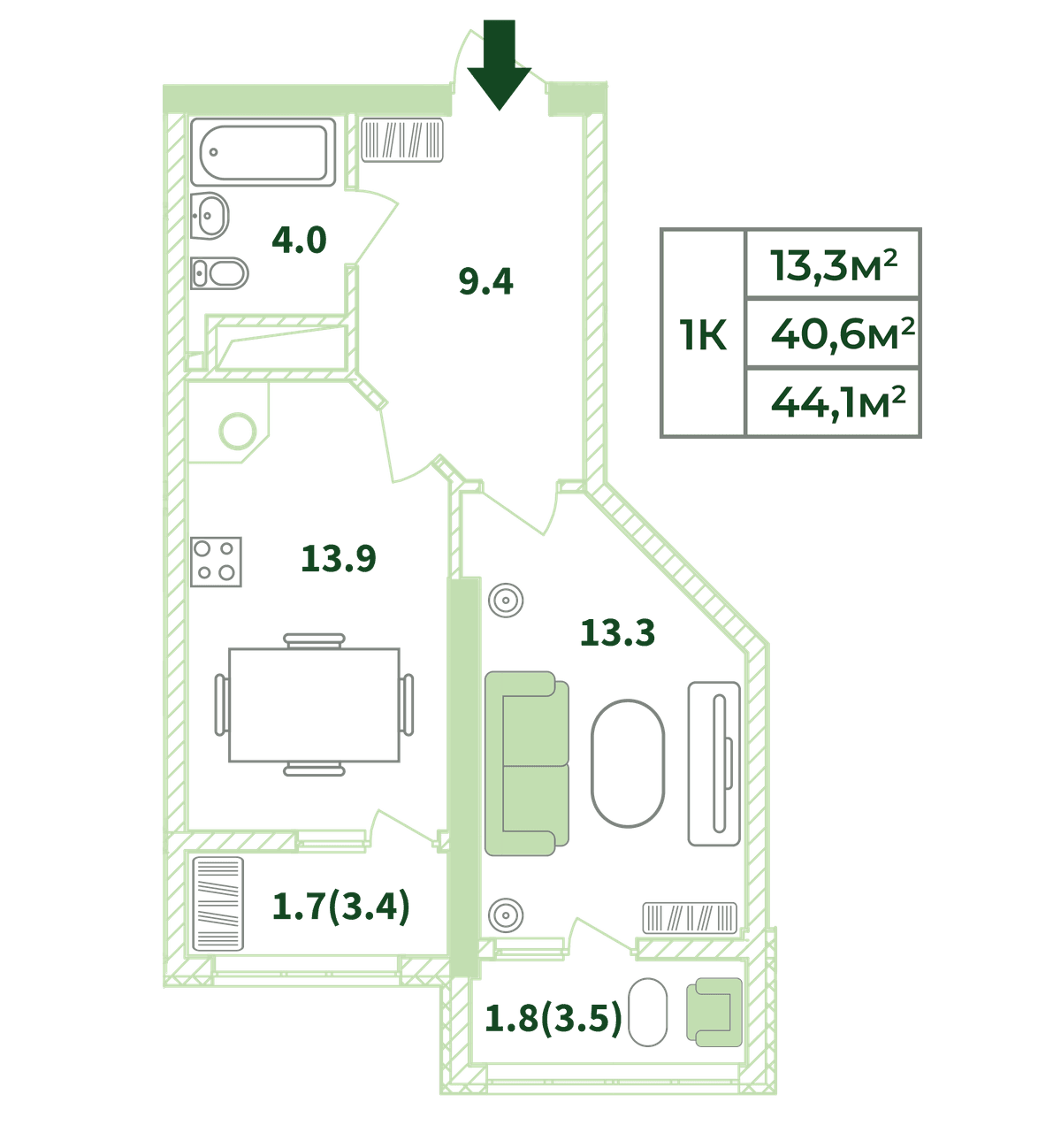 1-к, 44.1 м² · Жигулина Роща