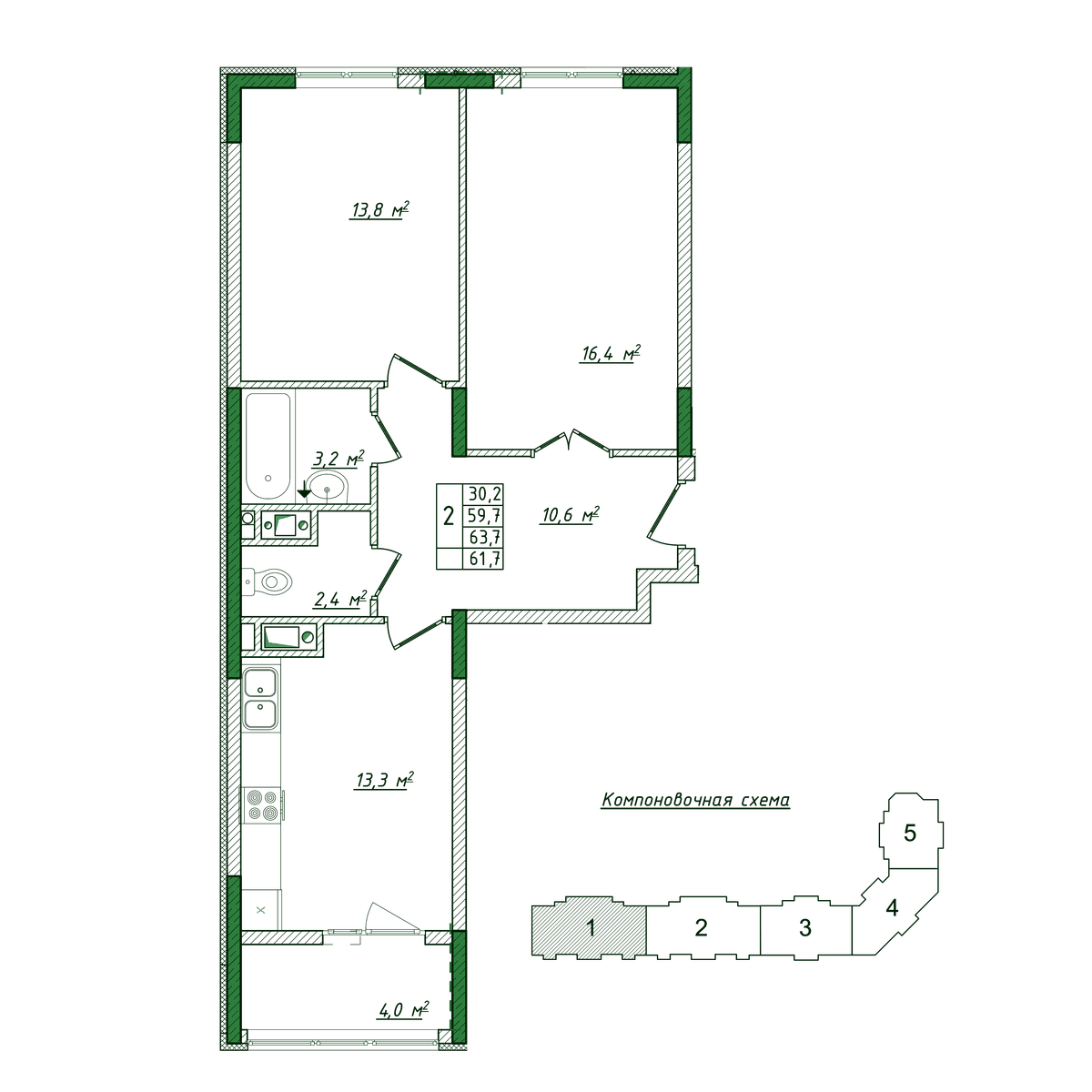 2-к, 61.7 м² · Жигулина Роща