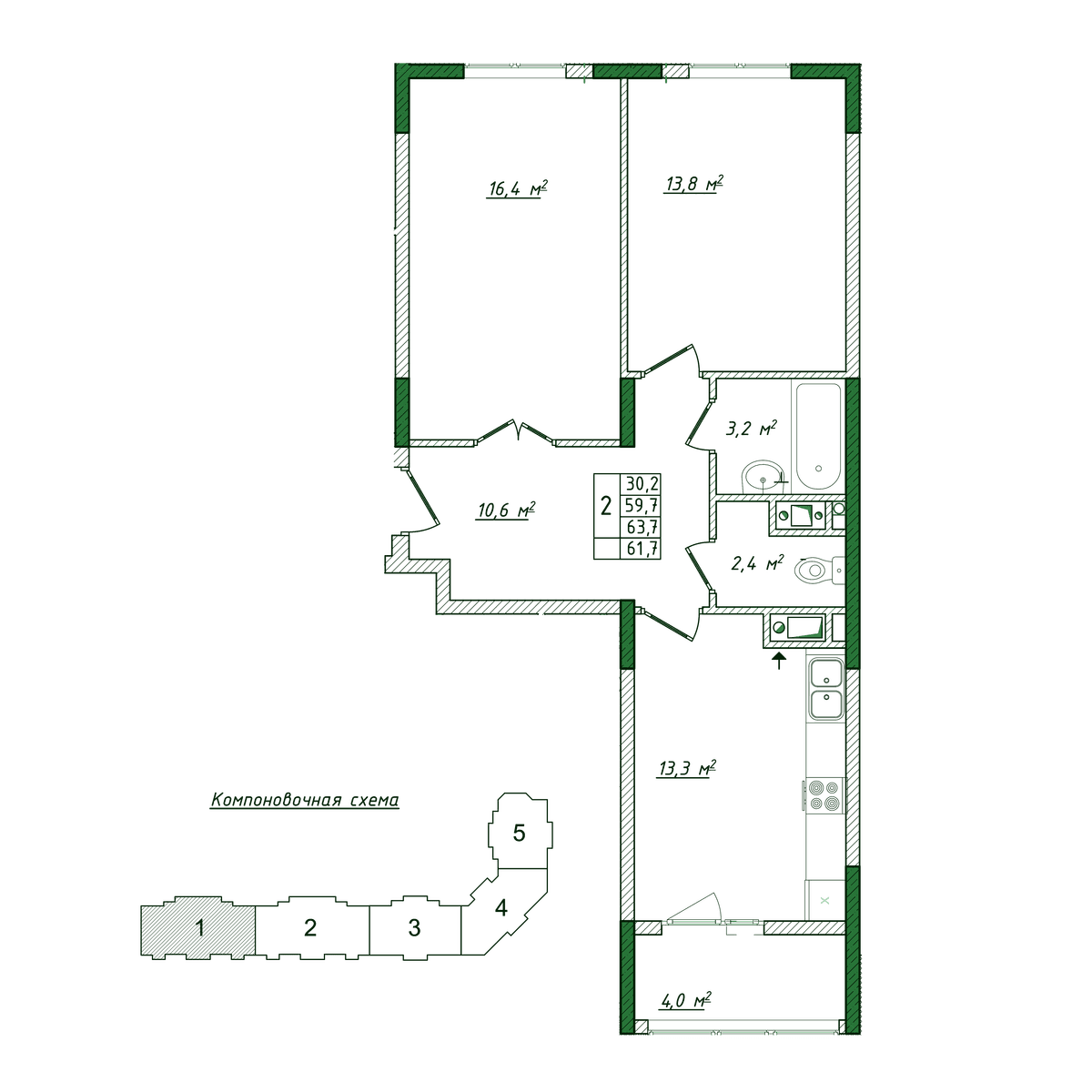 2-к, 61.7 м² · Жигулина Роща