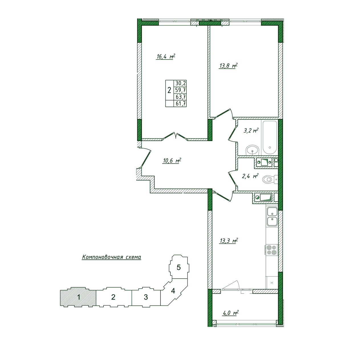 2-к, 61.7 м² · Жигулина Роща