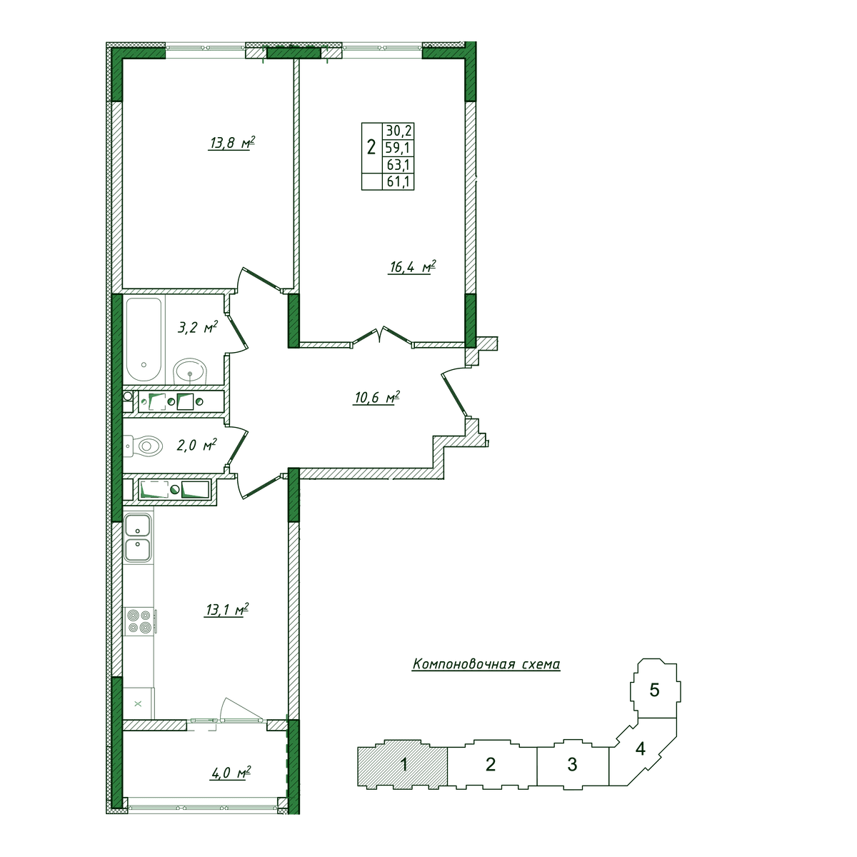2-к, 61.1 м² · Жигулина Роща