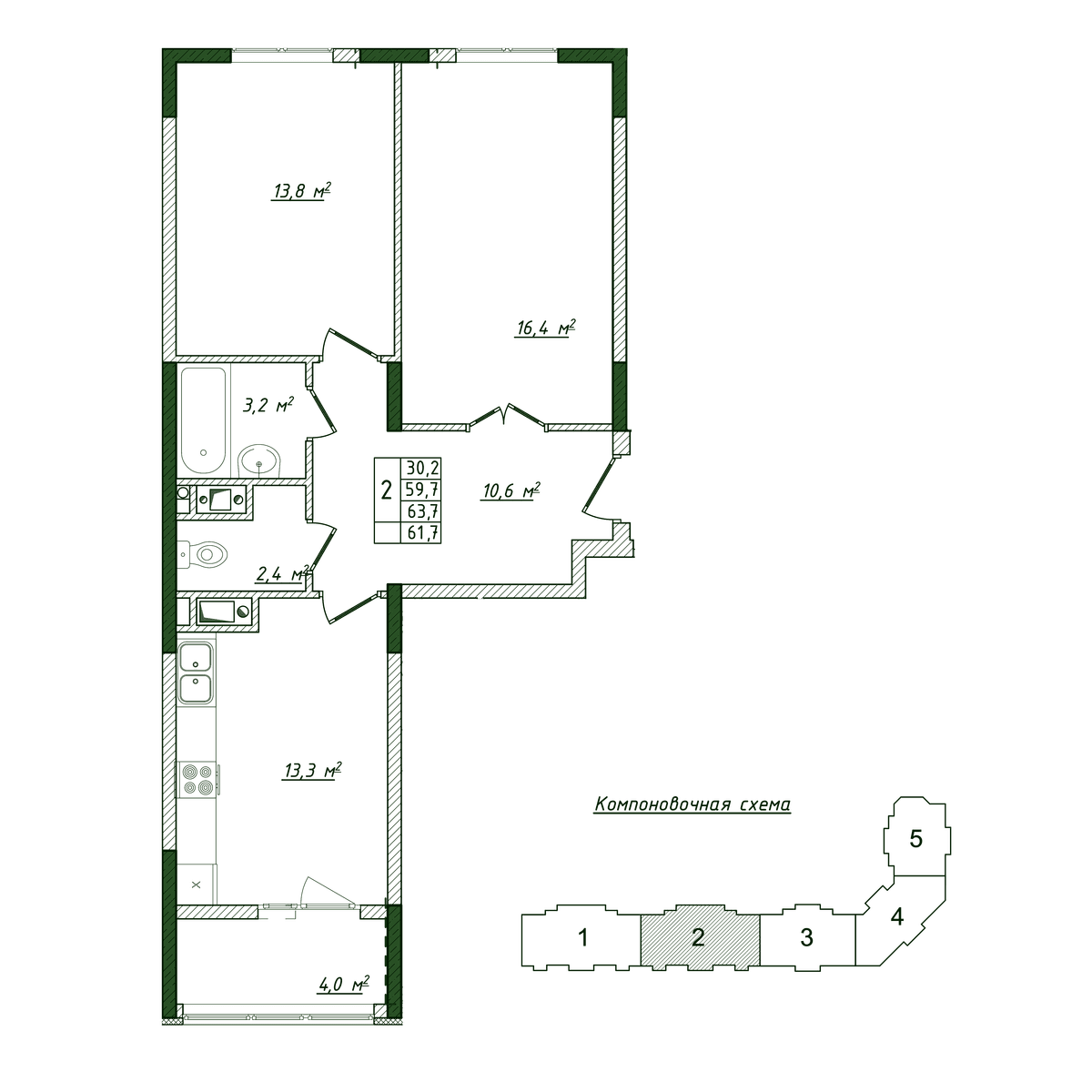 2-к, 61.7 м² · Жигулина Роща