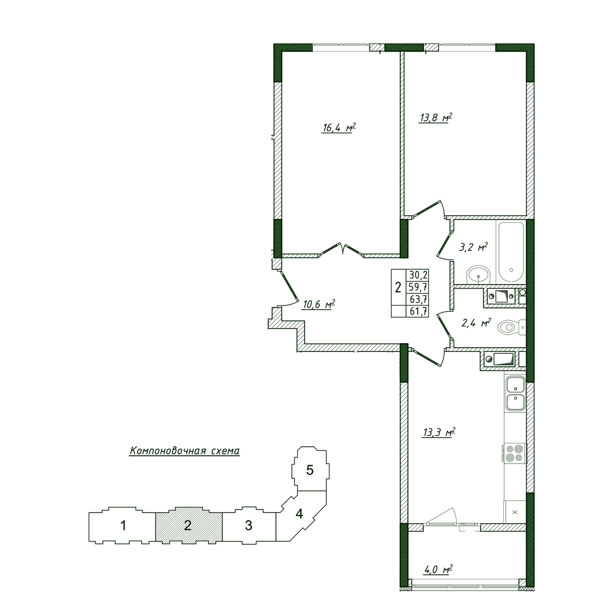 2-к, 61.7 м² · Жигулина Роща