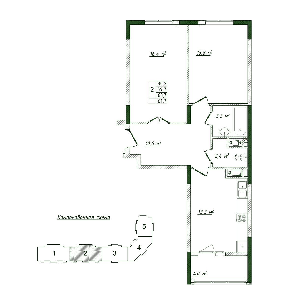 2-к, 61.7 м² · Жигулина Роща