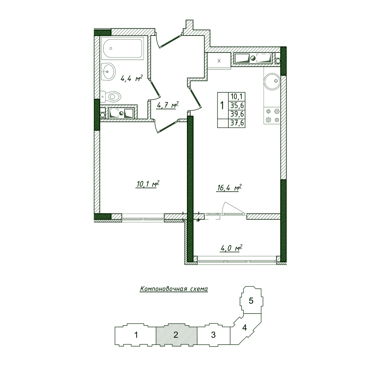 1-к, 37.6 м² · Жигулина Роща