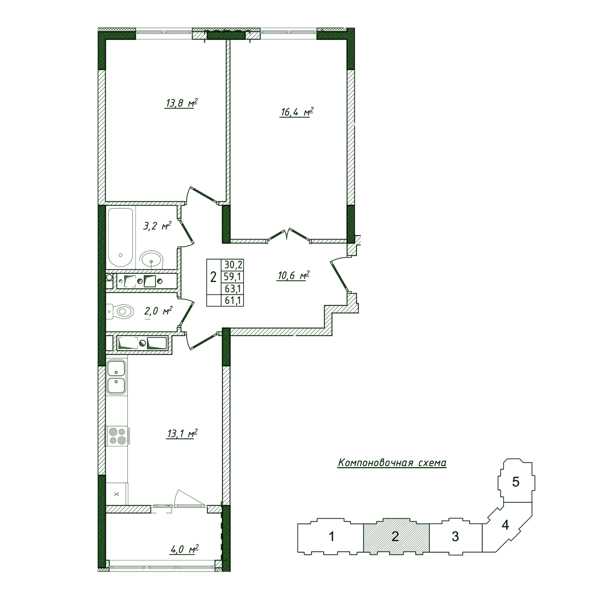 2-к, 61.1 м² · Жигулина Роща
