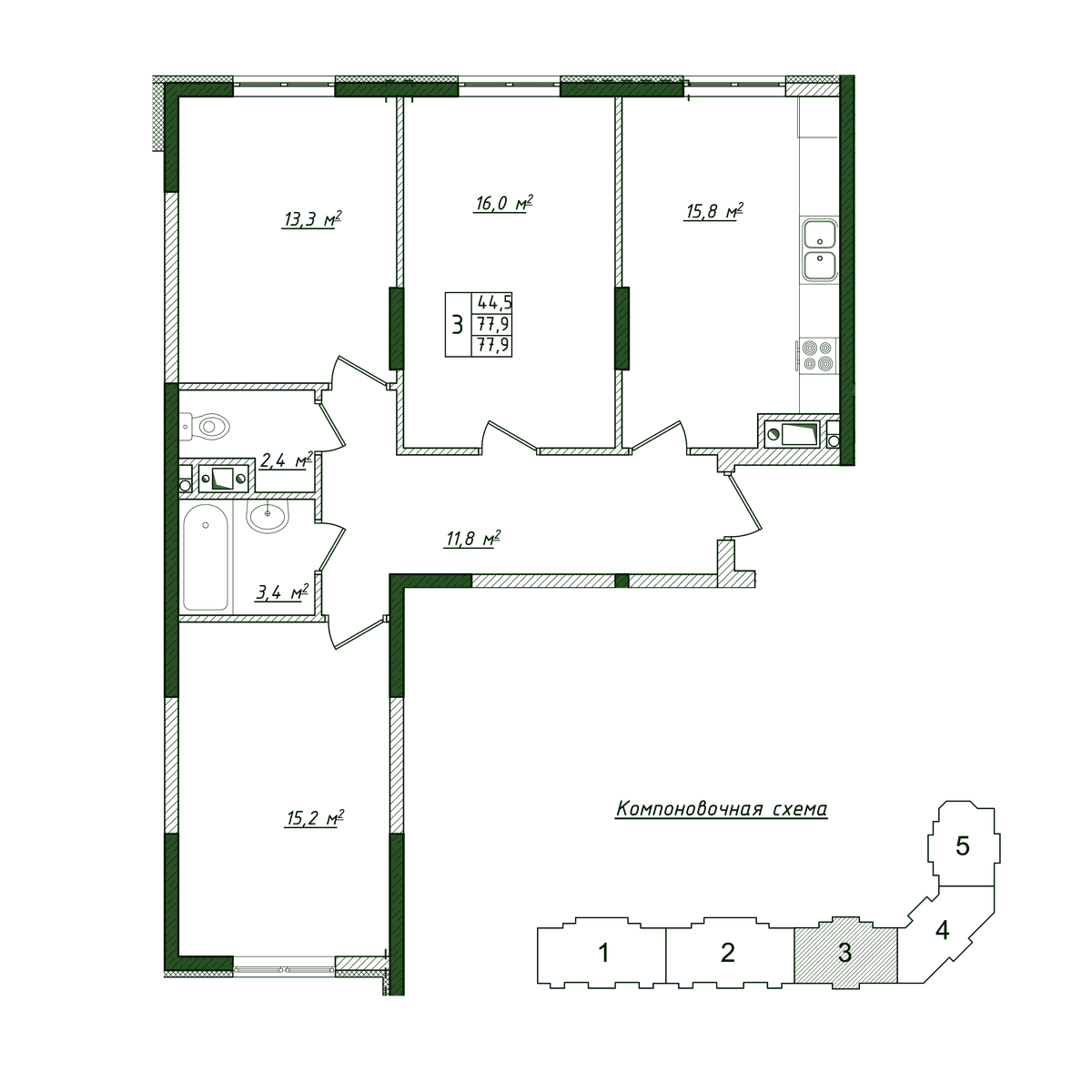 3-к, 77.9 м² · Жигулина Роща
