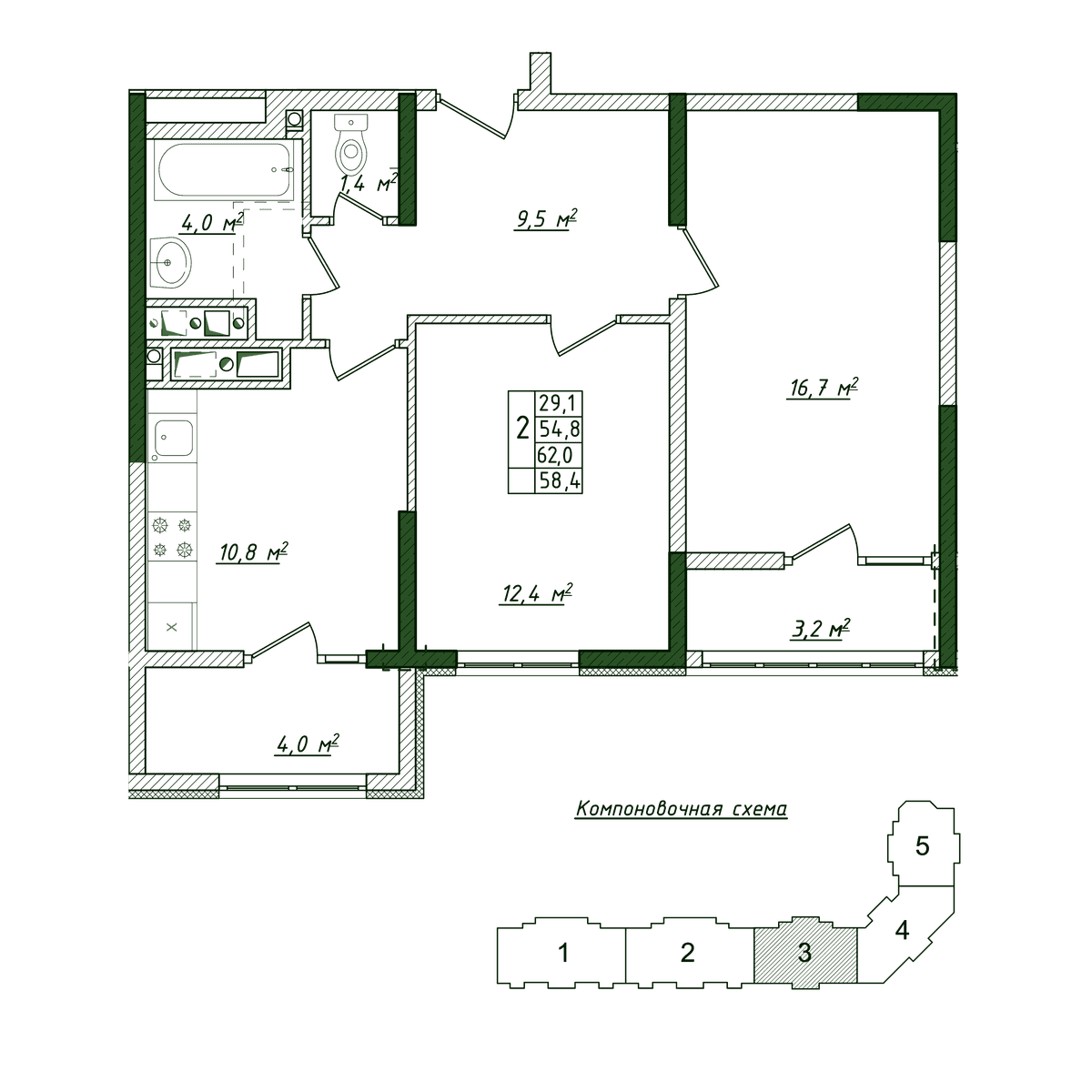 2-к, 58.4 м² · Жигулина Роща