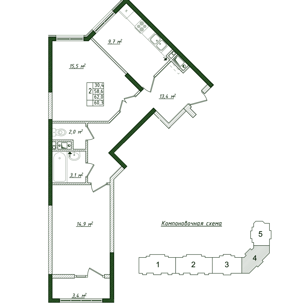2-к, 60.3 м² · Жигулина Роща