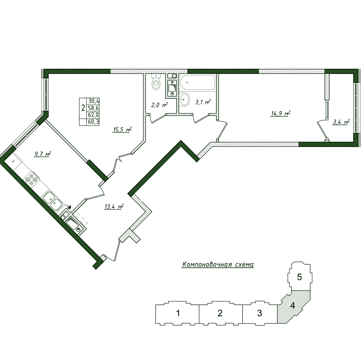 2-к, 60.3 м² · Жигулина Роща
