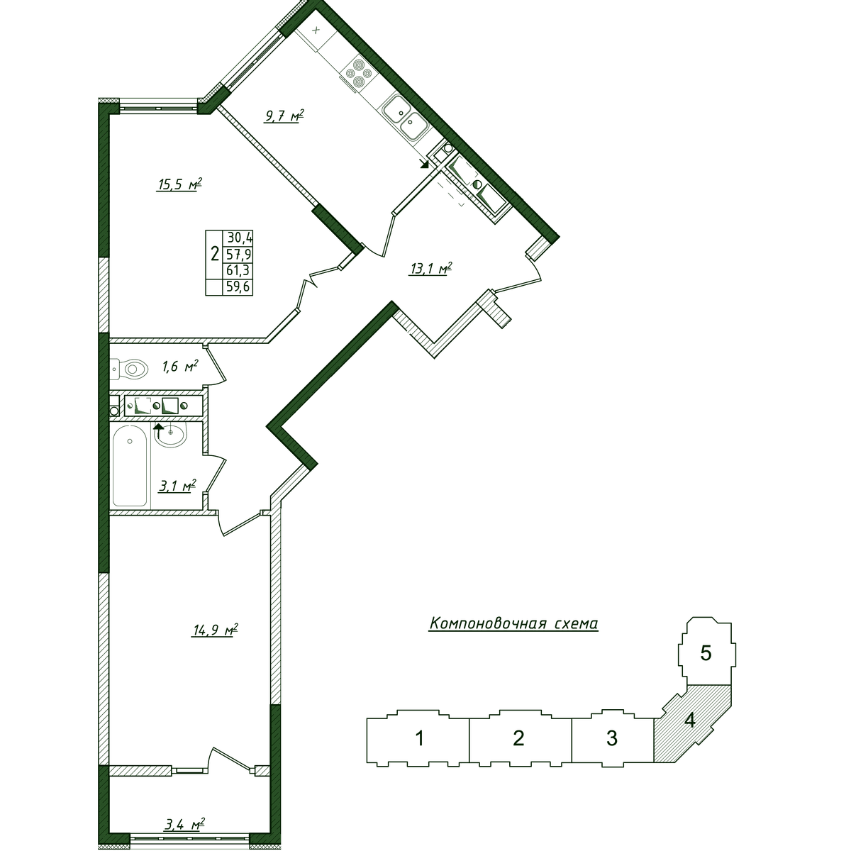 2-к, 59.6 м² · Жигулина Роща