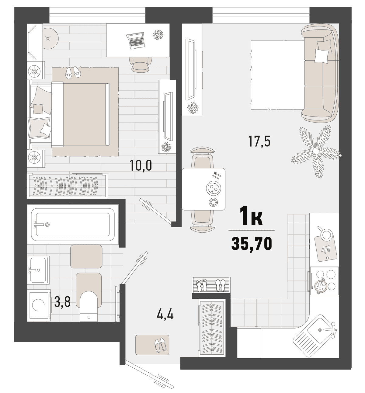 1-к, 35.7 м² · Барса