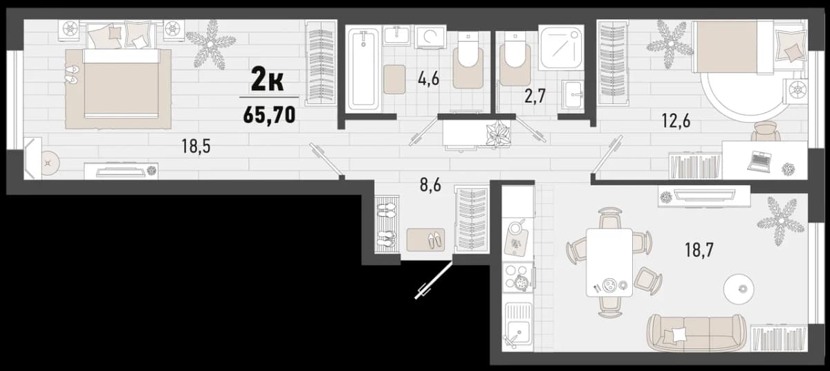 2-к, 65.7 м² · Барса
