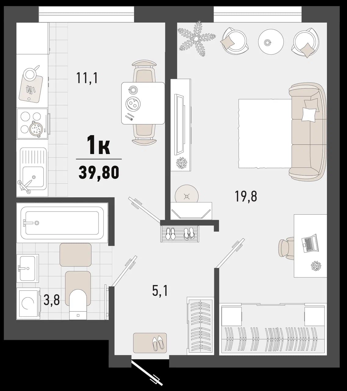 1-к, 39.8 м² · Барса
