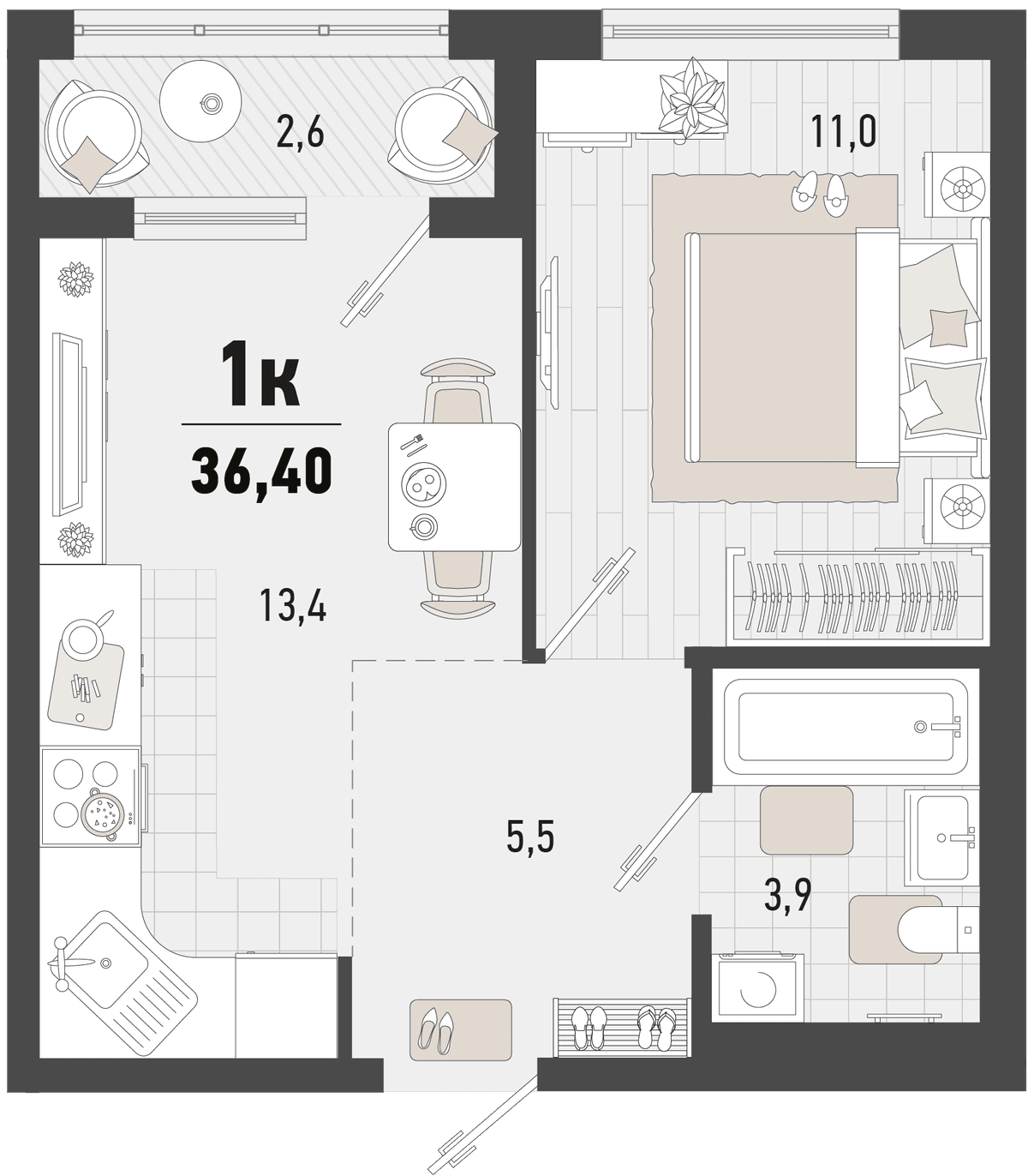 1-к, 36.4 м² · Барса