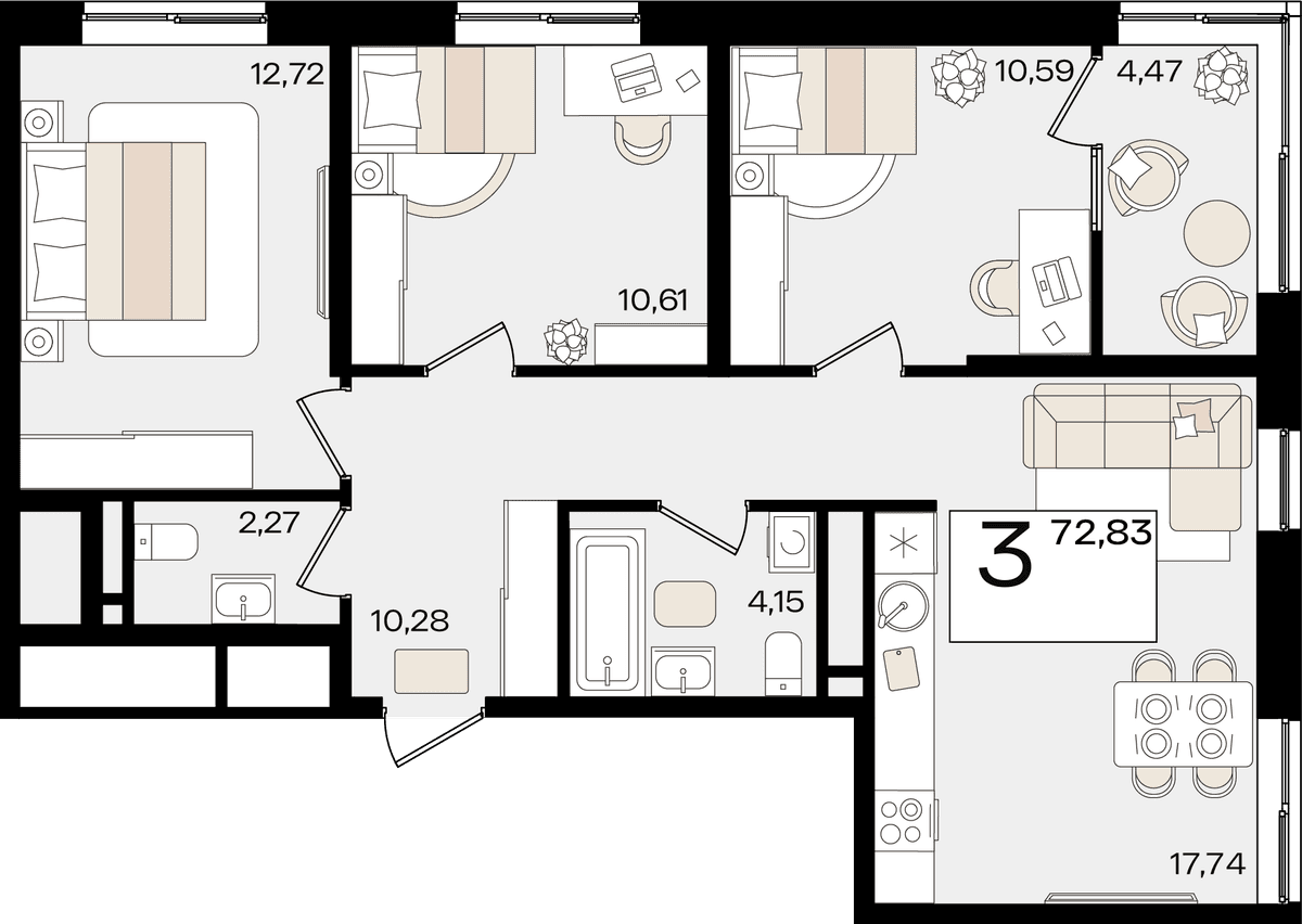3-к, 72.83 м² · Патрики