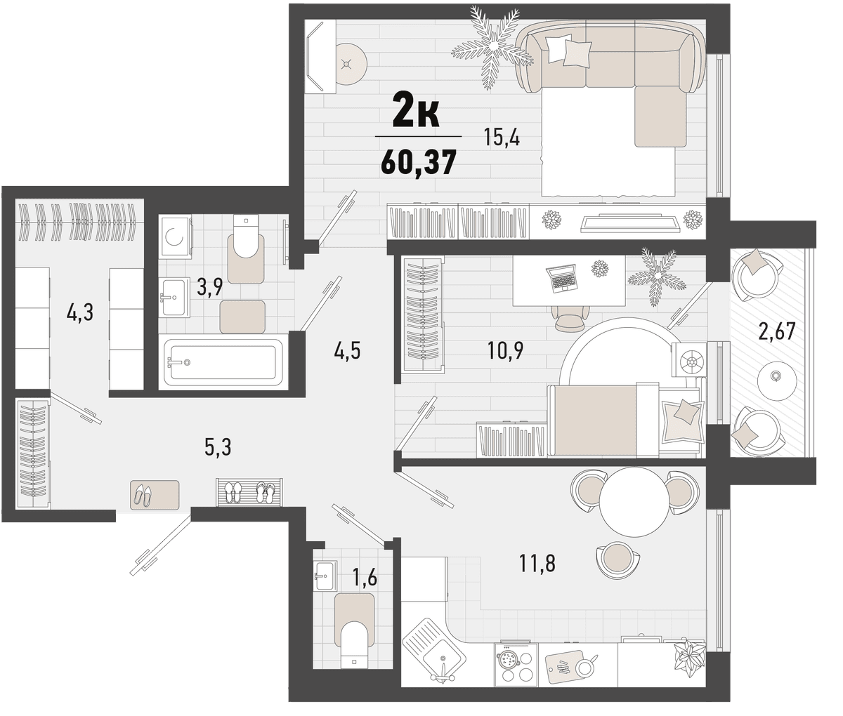 2-к, 60.37 м² · Барса