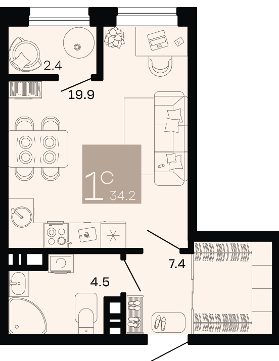 Студия, 34.2 м² · Хозяин морей