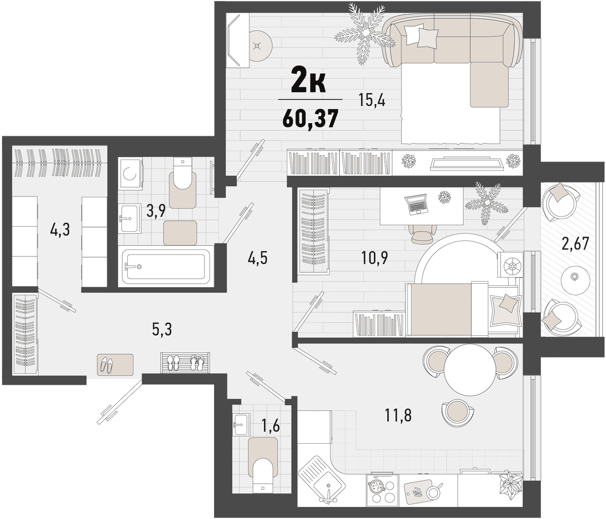 2-к, 60.37 м² · Барса