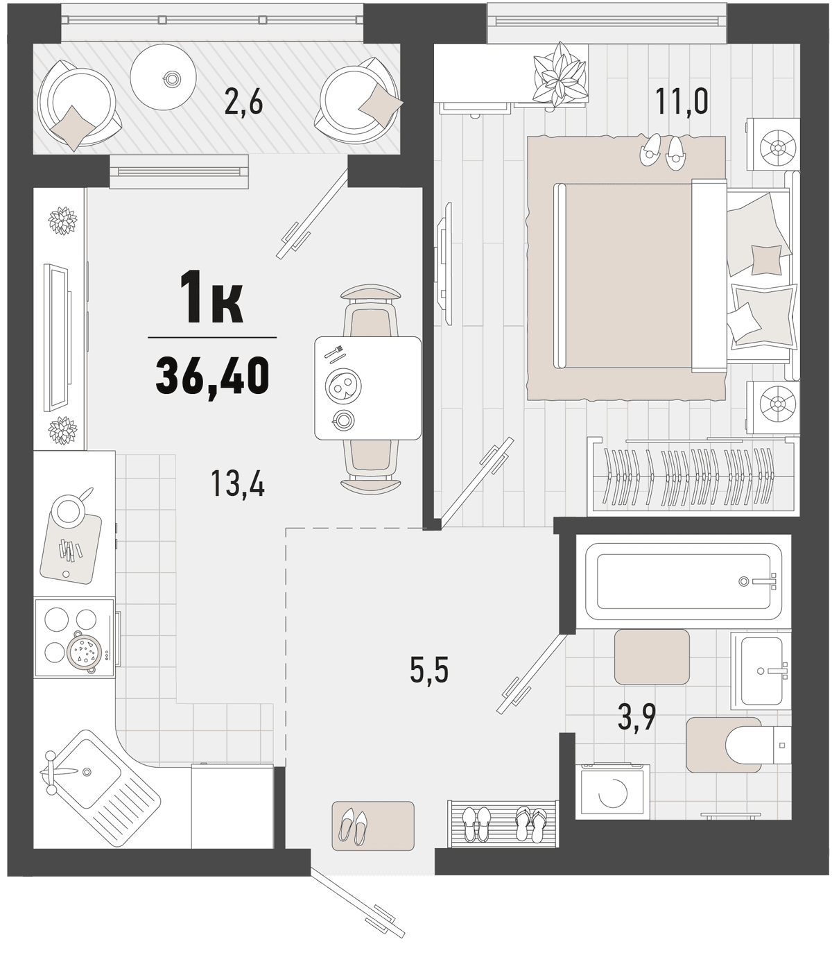 1-к, 36.4 м² · Барса