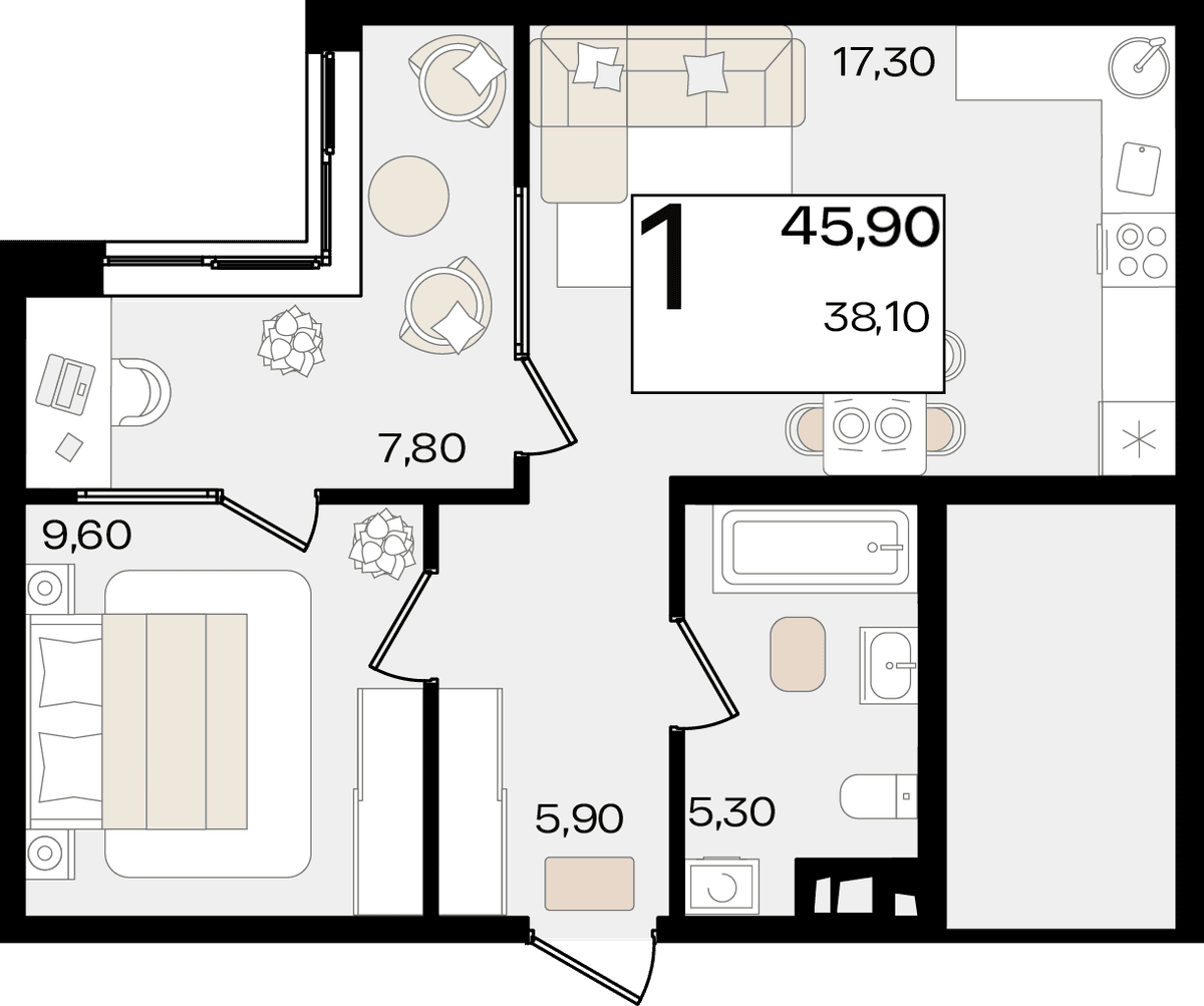 1-к, 45.9 м² · Патрики