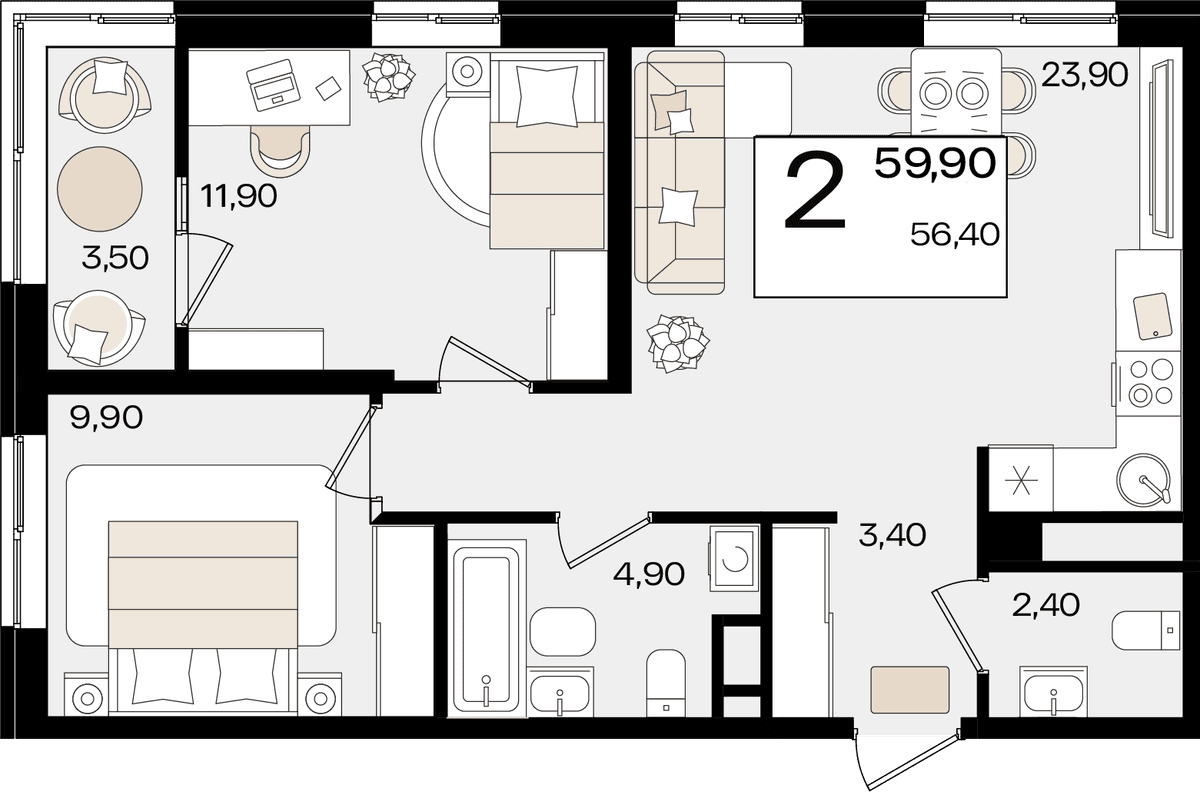 2-к, 59.9 м² · Патрики