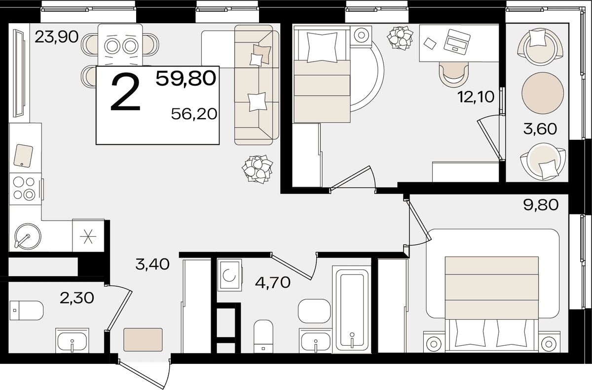 2-к, 59.8 м² · Патрики
