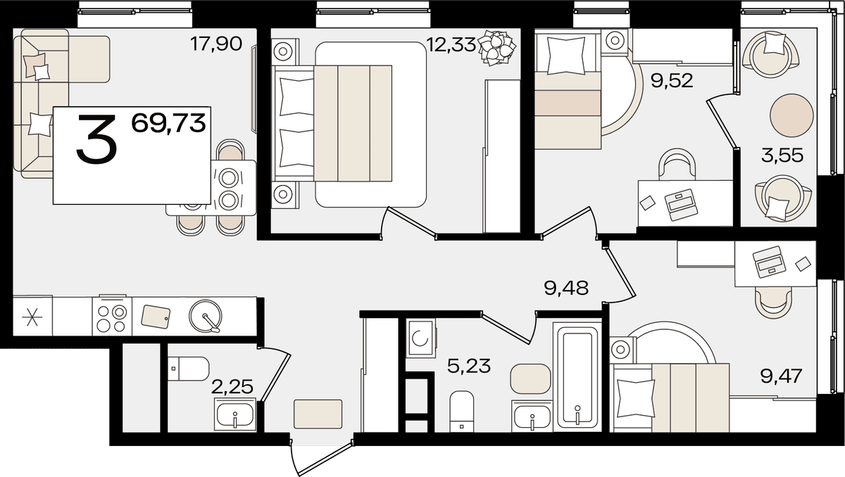 3-к, 69.73 м² · Патрики