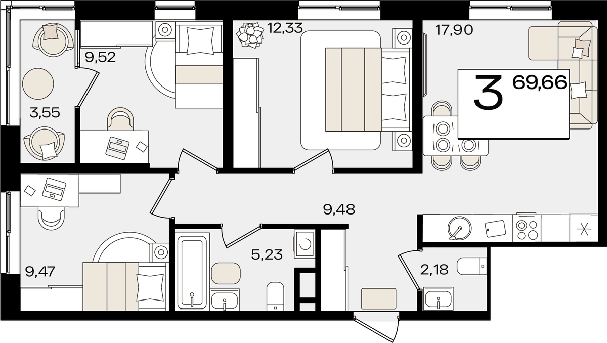 3-к, 69.66 м² · Патрики