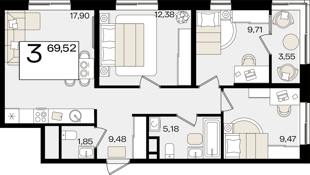 3-к, 69.52 м² · Патрики