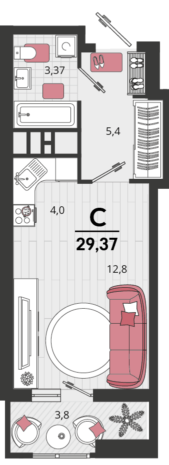 Студия, 29.5 м² · Родные просторы