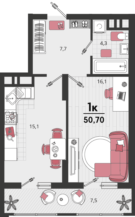 1-к, 51.2 м² · Родные просторы