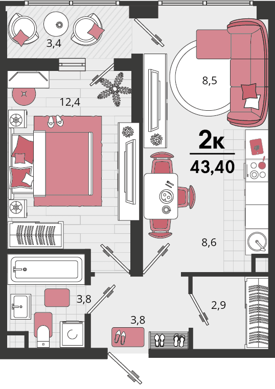 2-к, 42.6 м² · Родные просторы