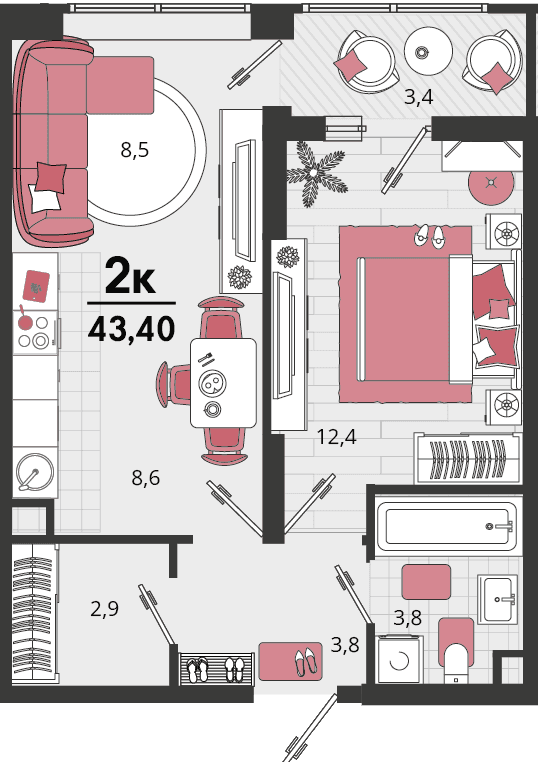 2-к, 43.4 м² · Родные просторы