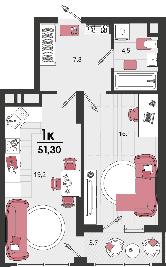 1-к, 50.4 м² · Родные просторы