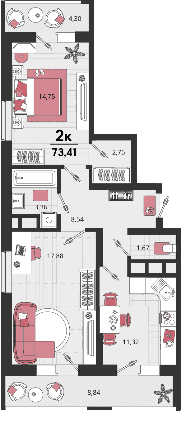 2-к, 74.3 м² · Родные просторы