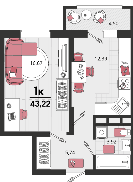1-к, 44 м² · Родные просторы