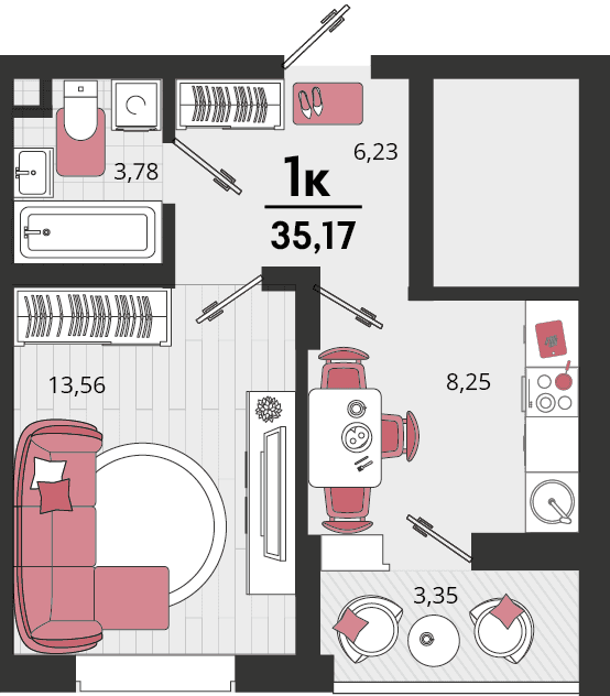 1-к, 34.6 м² · Родные просторы