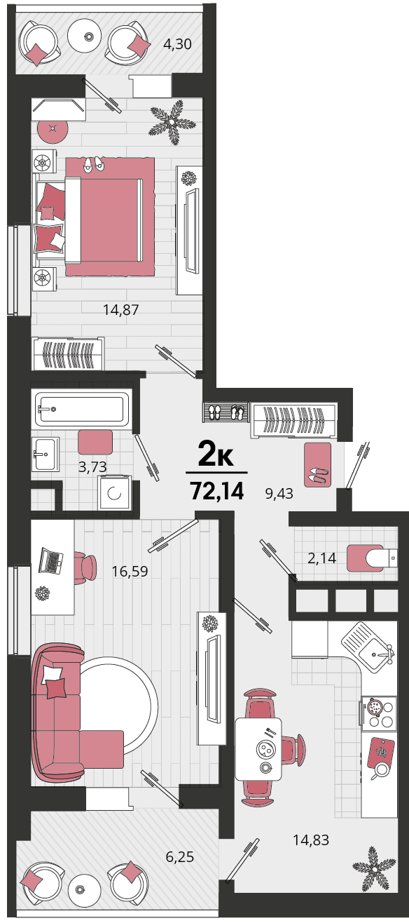 2-к, 70.3 м² · Родные просторы
