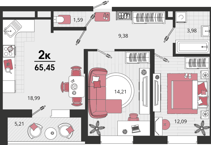 2-к, 64.9 м² · Родные просторы
