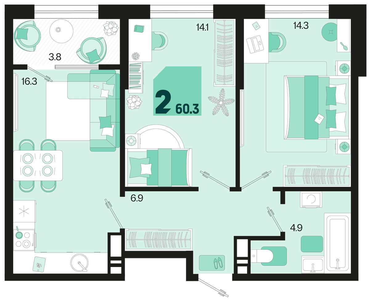 2-к, 60.3 м² · Первое место
