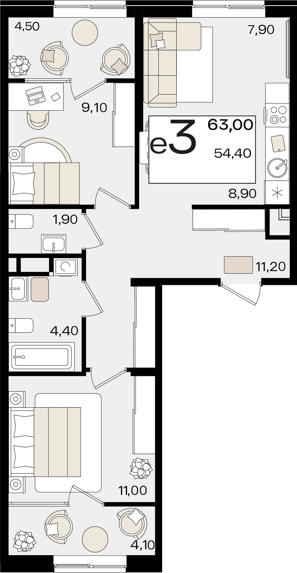 3-к, 63 м² · Патрики