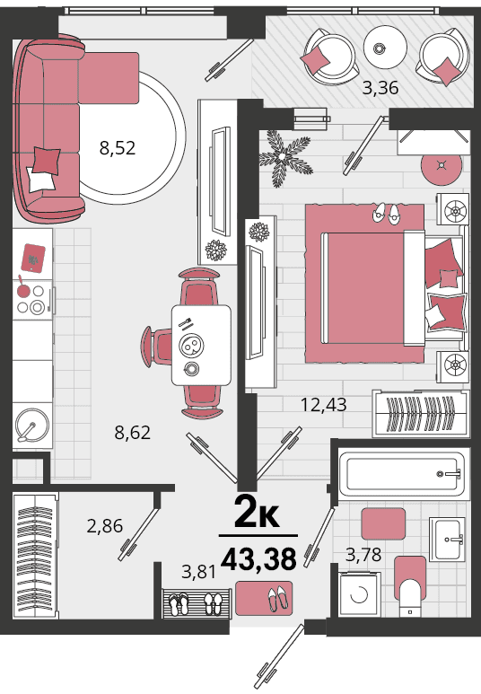 2-к, 43.38 м² · Родные просторы